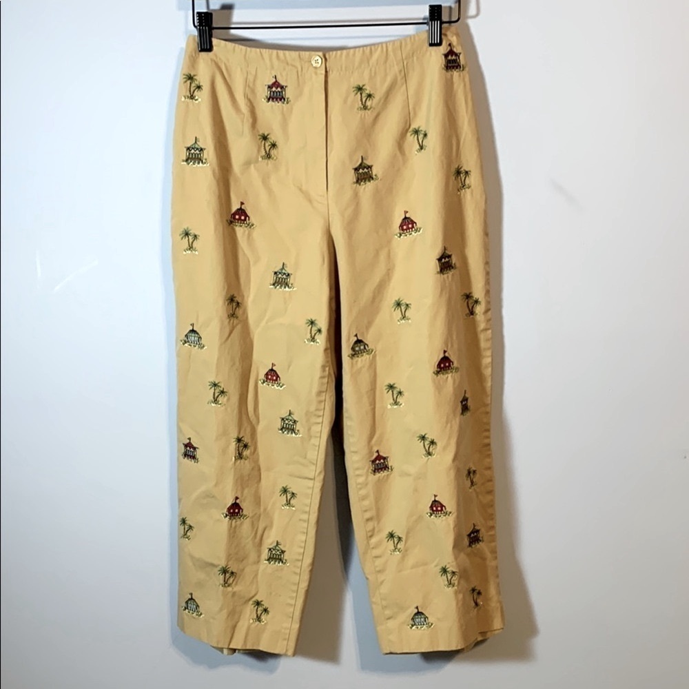 Vintage Talbots petites embroidered novelty tiki khaki wide leg capri? pant 10